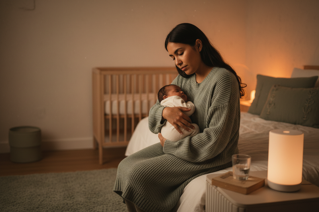 Madre latina sosteniendo a su bebé dormido en la madrugada — Criela Baby