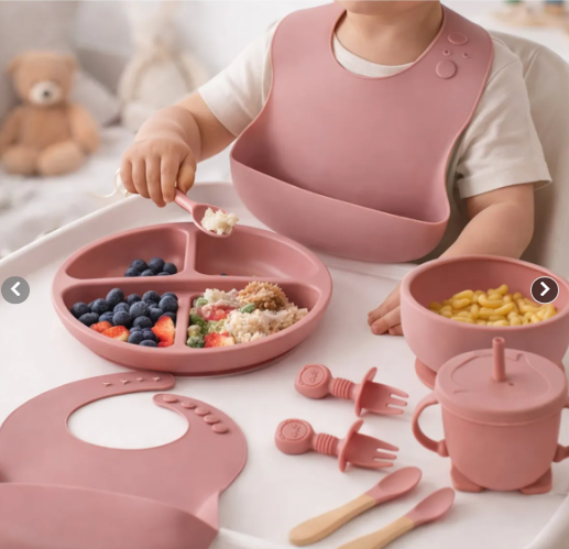 Set Vajilla Bebé Silicona 6 Piezas | Plato + Bowl + Babero + Vaso + Cubiertos