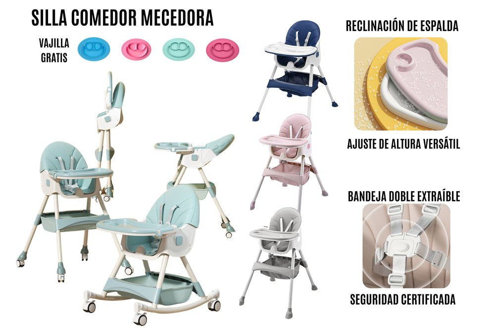 Silla Comedor Alta para Bebé Plegable con Ruedas y Bandeja | 4 Colores