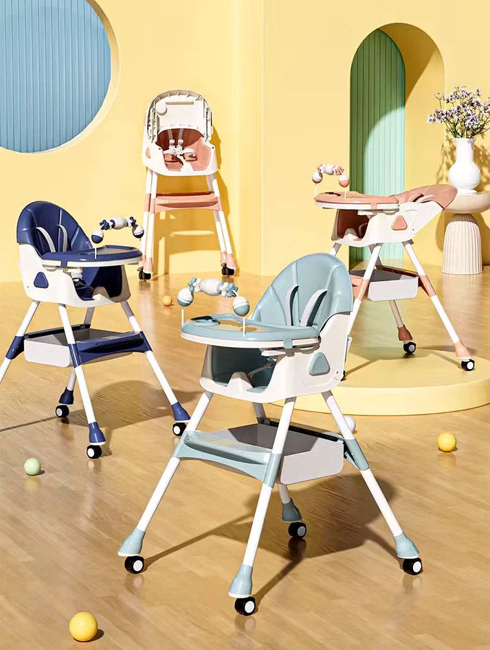 Silla Comedor Alta para Bebé Plegable con Ruedas y Bandeja | 4 Colores