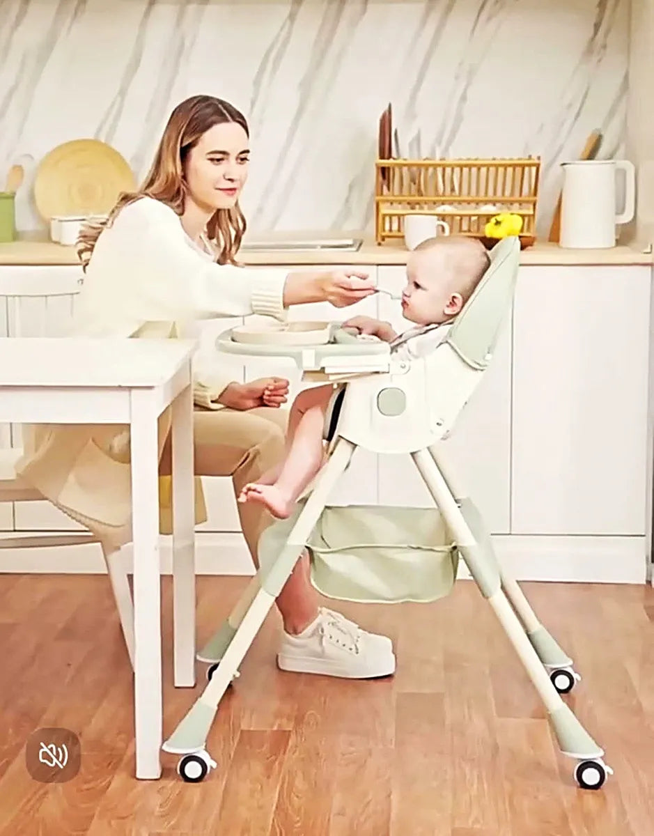Silla Comedor Alta para Bebé Plegable con Ruedas y Bandeja | 4 Colores