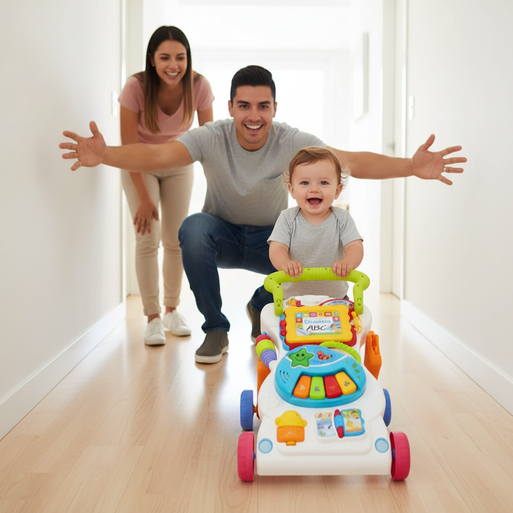 Bebé caminando hacia papá por el pasillo