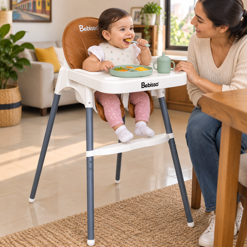 Bebé comiendo en la silla Bebisso con cuidador cerca