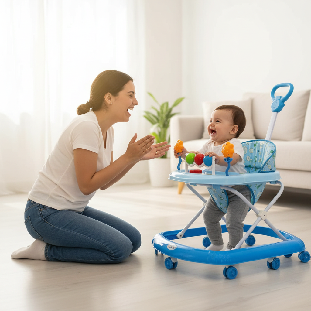 Bebé en andadera azul con mamá en sala