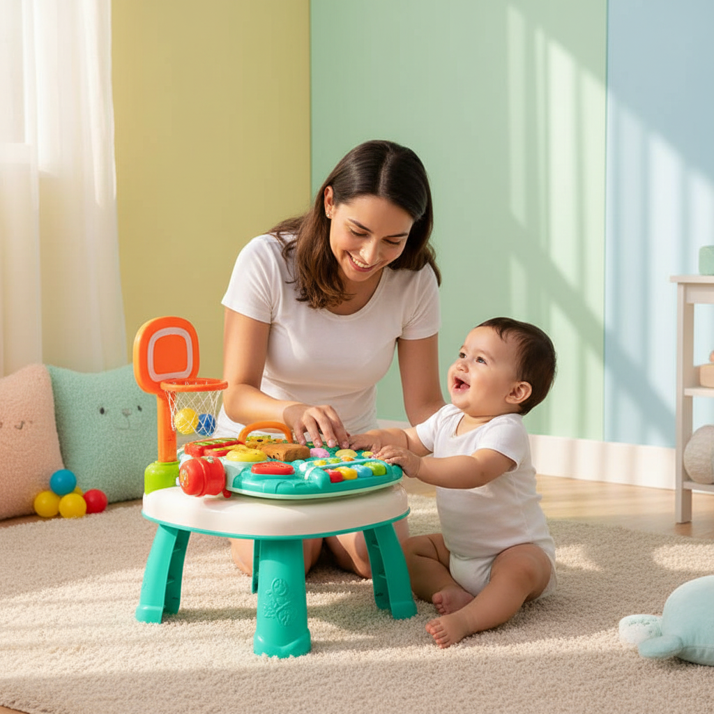 Bebé en mesa de actividades con piano