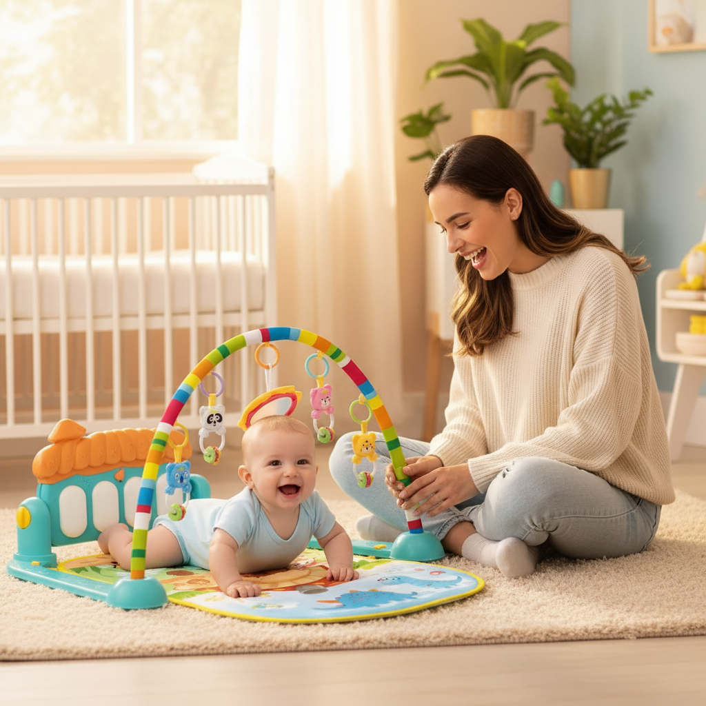 Bebé en tummy time con mamá en nursery