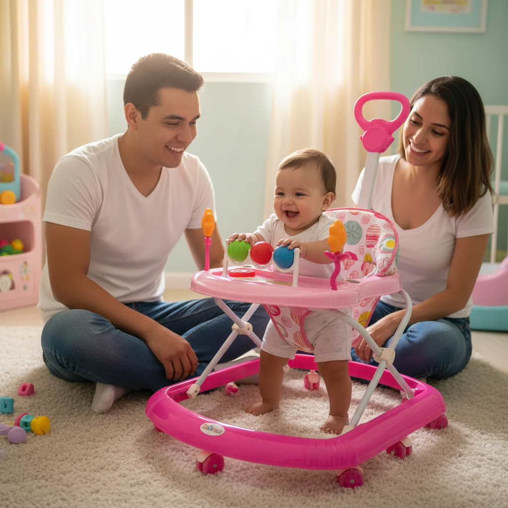 Bebé feliz en andadera rosada con papá y mamá