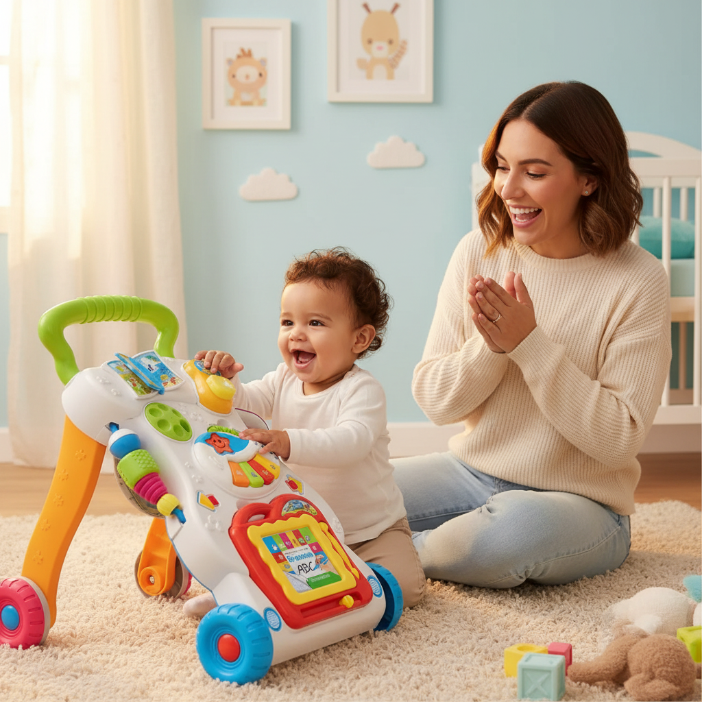 Bebé tocando piano del caminador en nursery