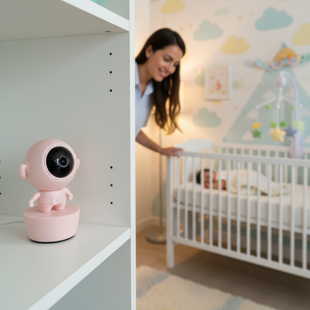 Cámara astronauta rosada en nursery vigilando bebé