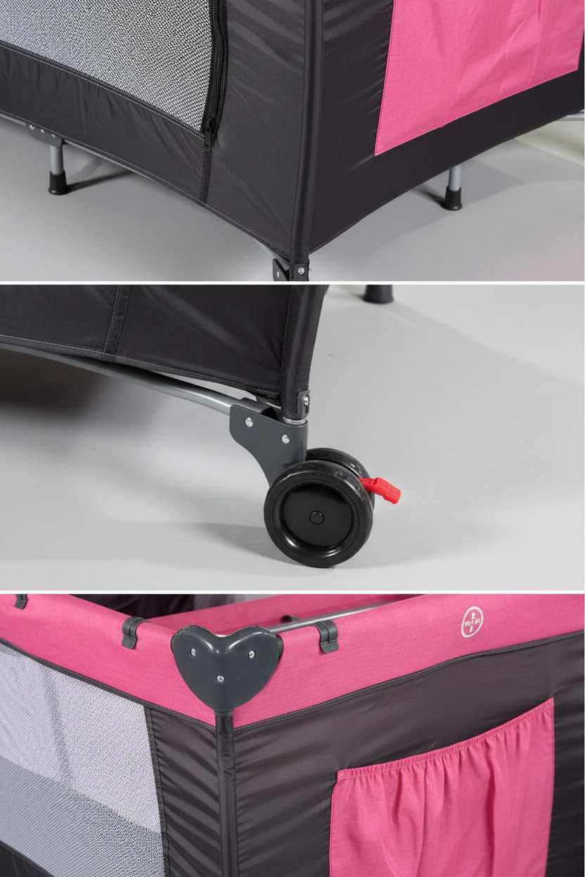 Detalles de malla, ruedas y bolsillo del corral Baby Tatis