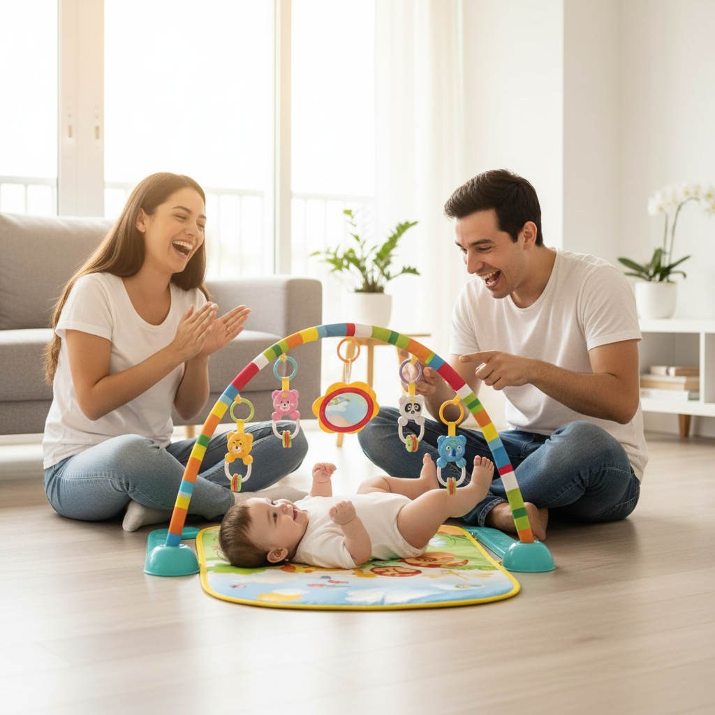 Familia colombiana con bebé en gimnasio piano