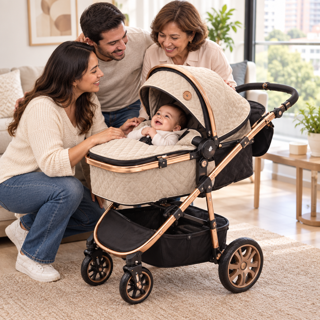 Familia junto al coche beige en casa