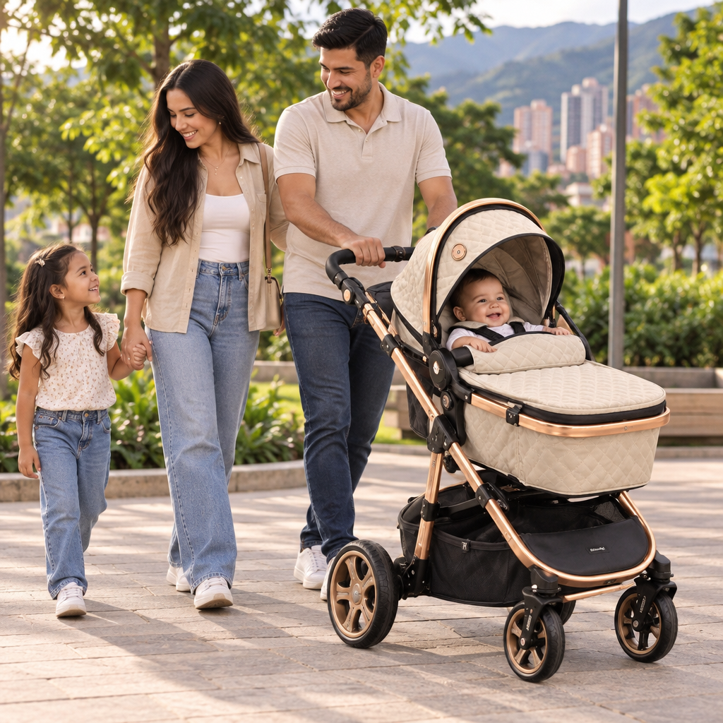Familia paseando con el bebé en coche beige