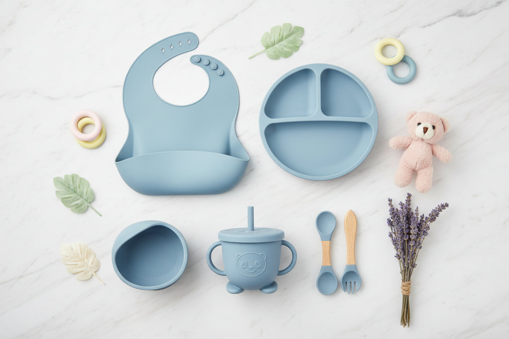 Set Vajilla Bebé Silicona 6 Piezas | Plato + Bowl + Babero + Vaso + Cubiertos
