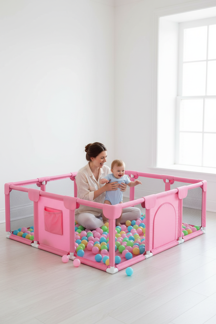 Corral de juegos fucsia con bebé y mamá