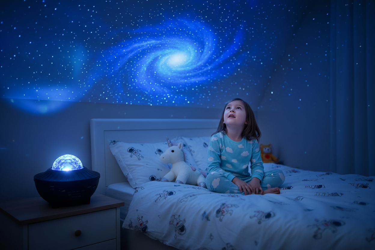 Niña maravillada mirando las estrellas proyectadas por el astronauta CRIELA BABY en su cuarto
