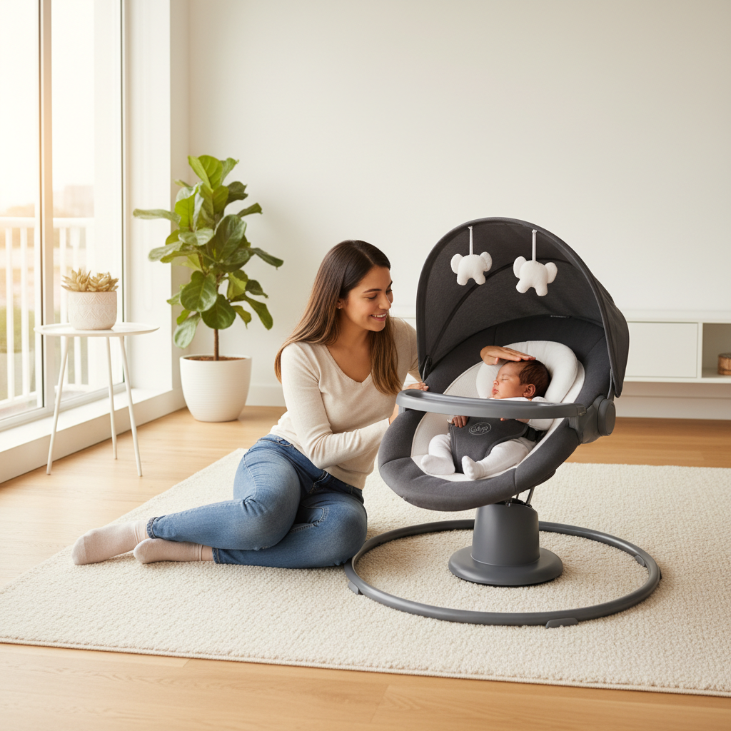 Mamá con bebé en mecedora eléctrica gris en sala