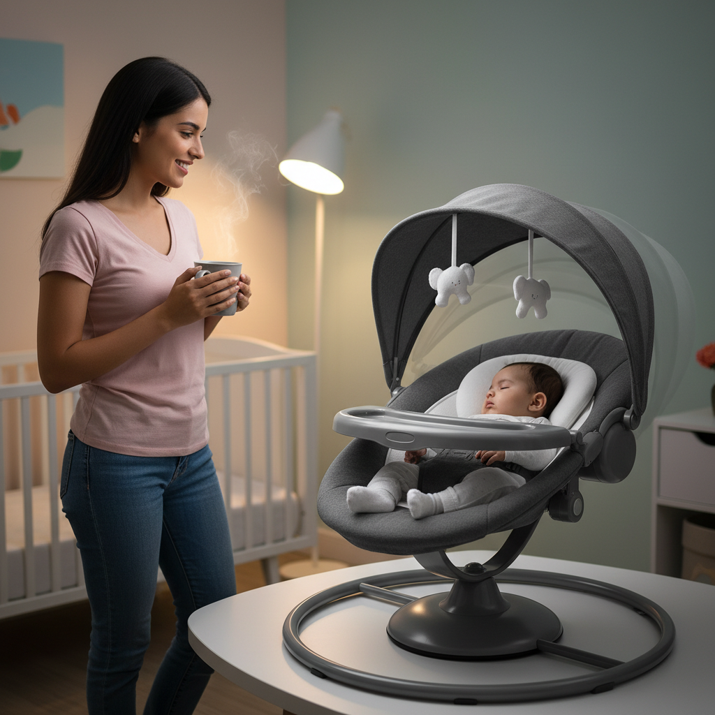 Mamá con café mientras bebé duerme en mecedora