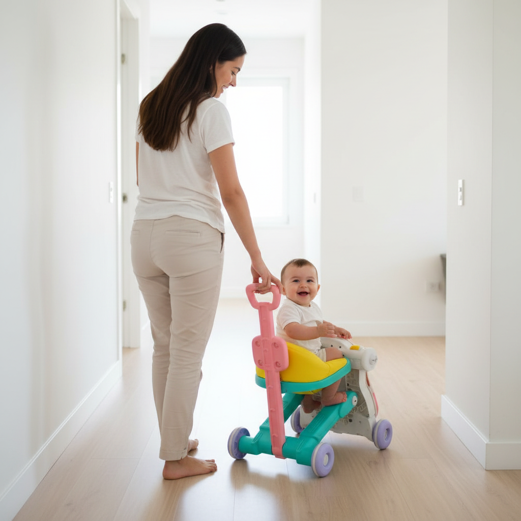 Mamá empujando bebé en modo push car