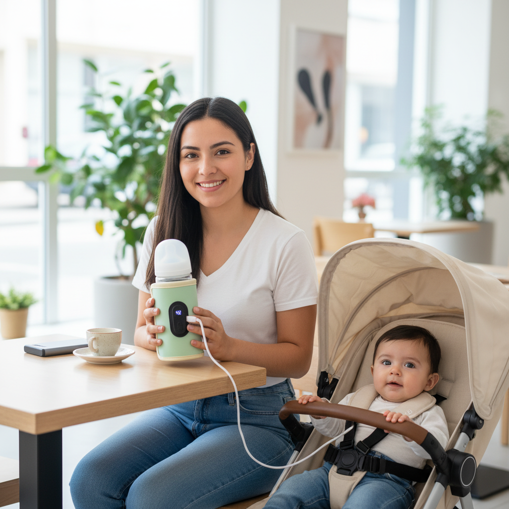 Mamá en café con calentador y power bank