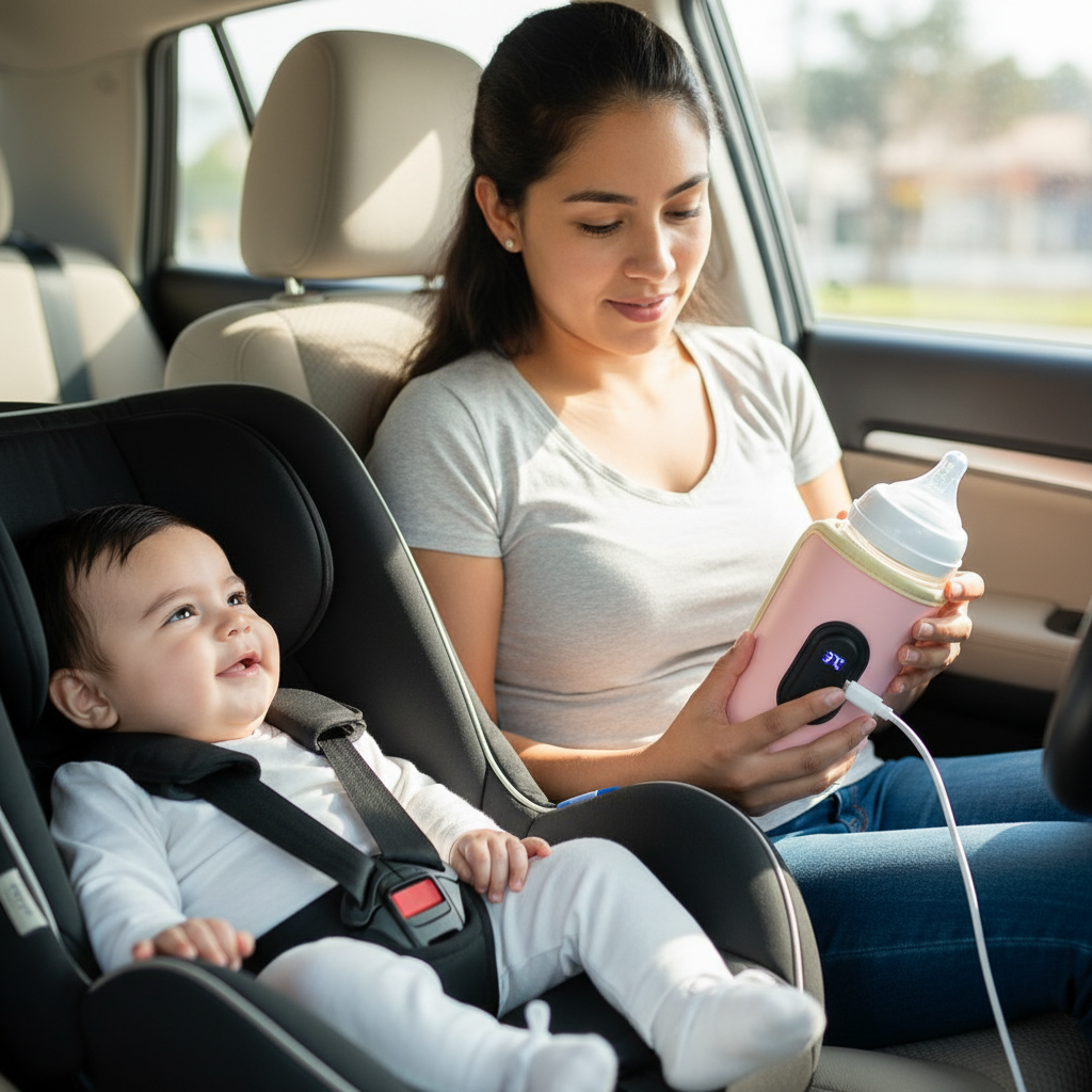 Mamá en carro con calentador USB y bebé en silla