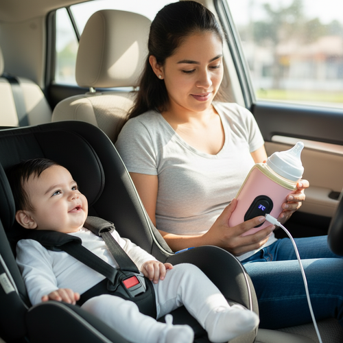 Mamá en carro con calentador USB y bebé en silla