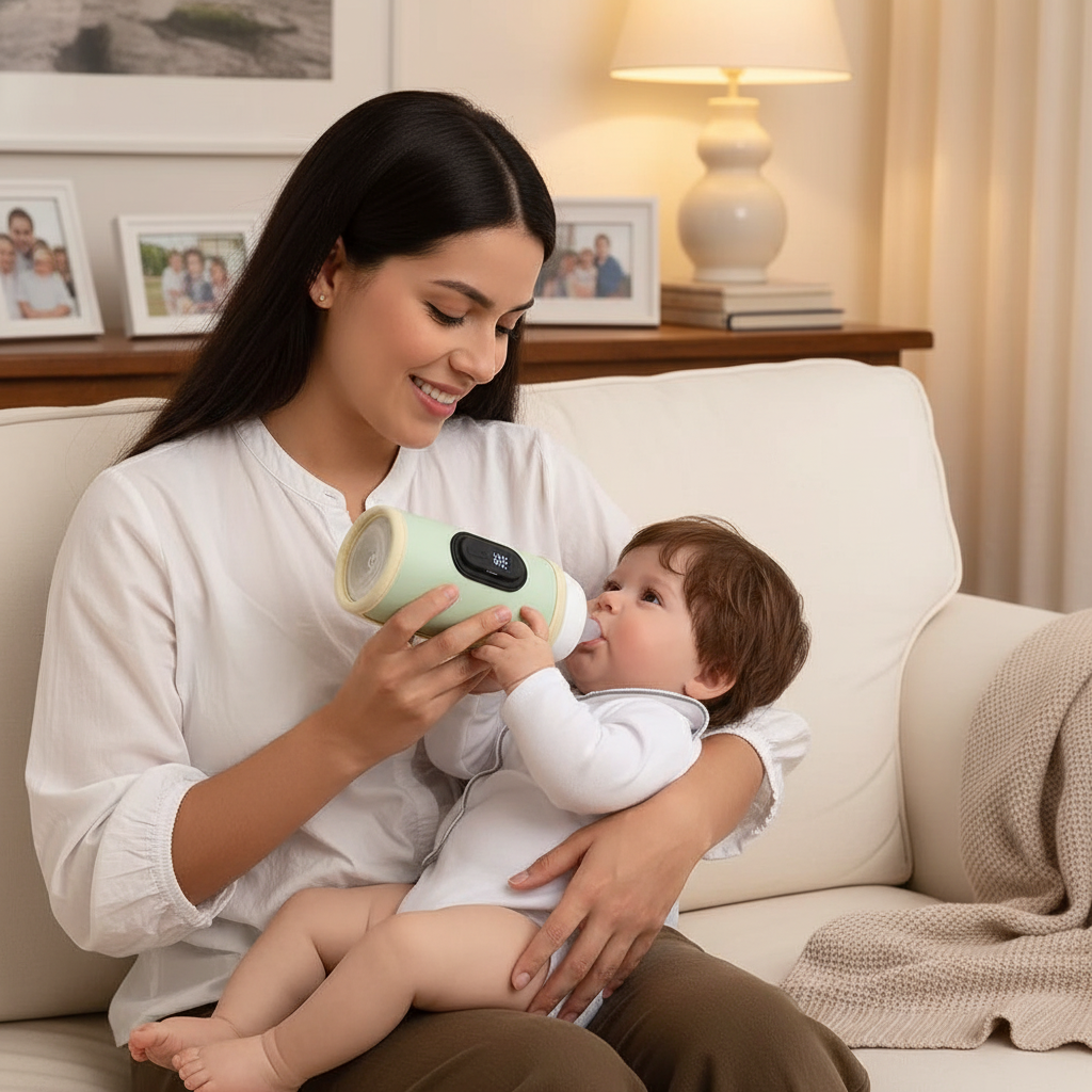 Mamá en casa calentando biberón con bebé feliz