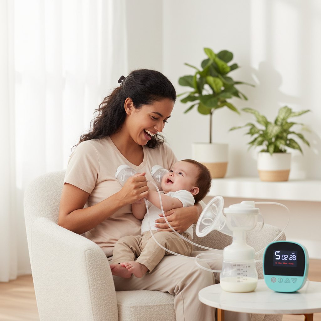 Mamá en sala riendo con bebé en el regazo