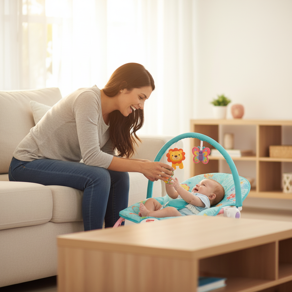 Mamá jugando con bebé en mecedora en sala