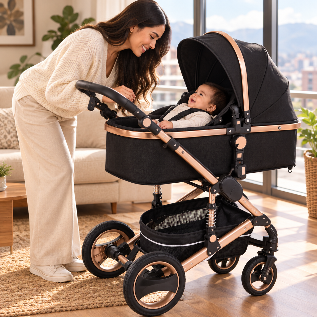 Mamá junto a su bebé en el capazo