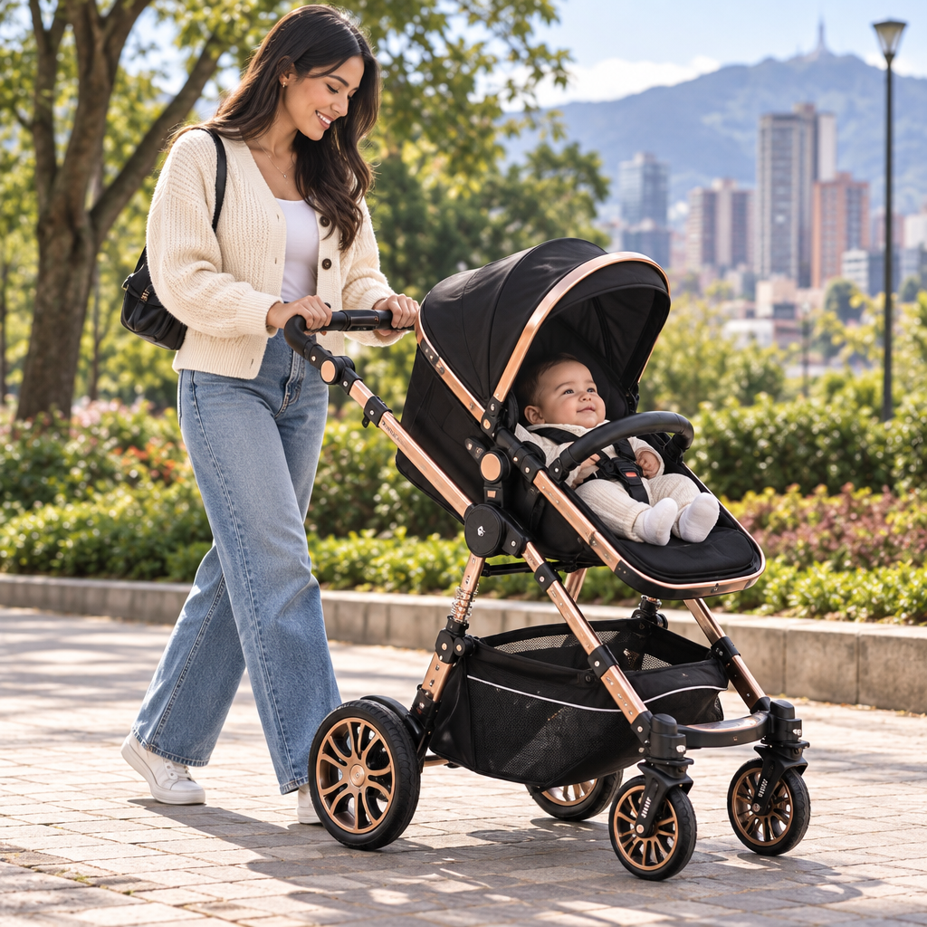Mamá paseando con su bebé en coche 3 en 1