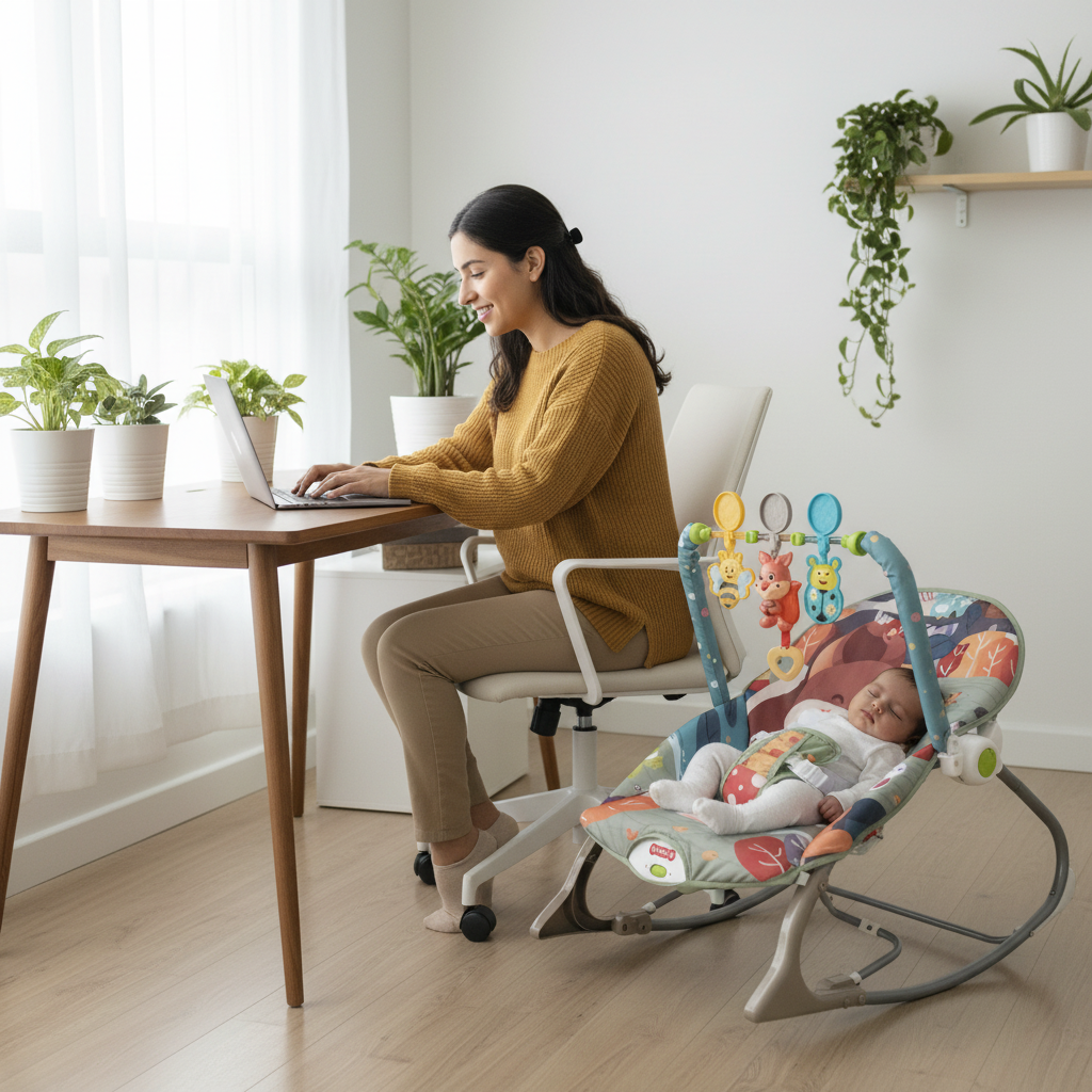 Mamá trabajando mientras bebé duerme en mecedora