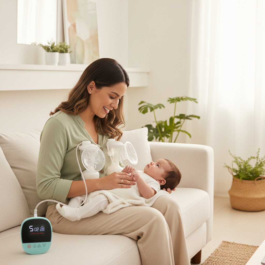 Mamá usando extractor doble con bebé feliz