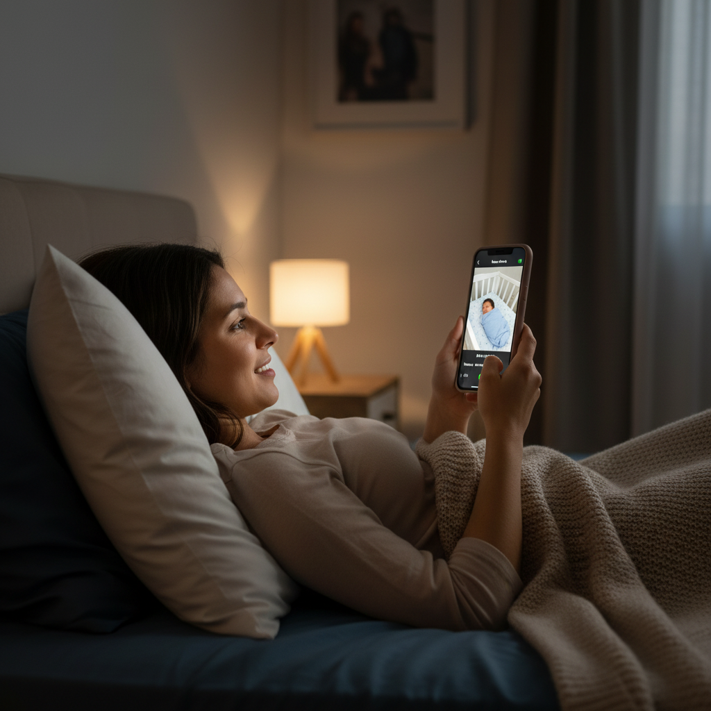 Mamá viendo feed del bebé en celular desde cama