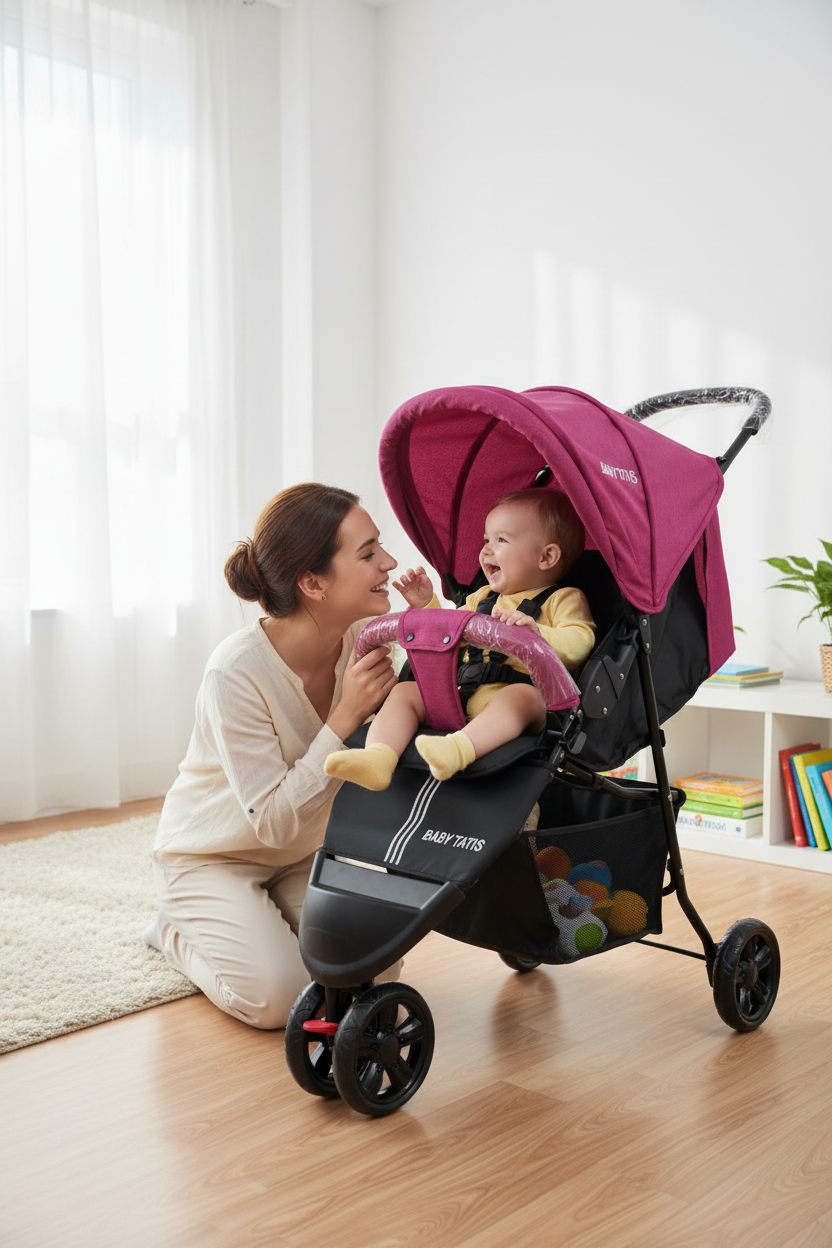 Mamá y bebé en casa usando el coche Baby Tatis