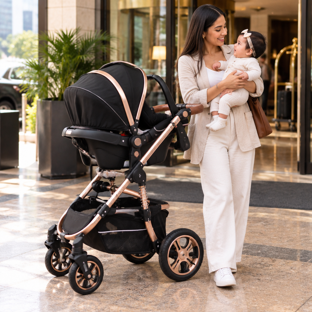 Mamá y bebé junto al coche con portabebé