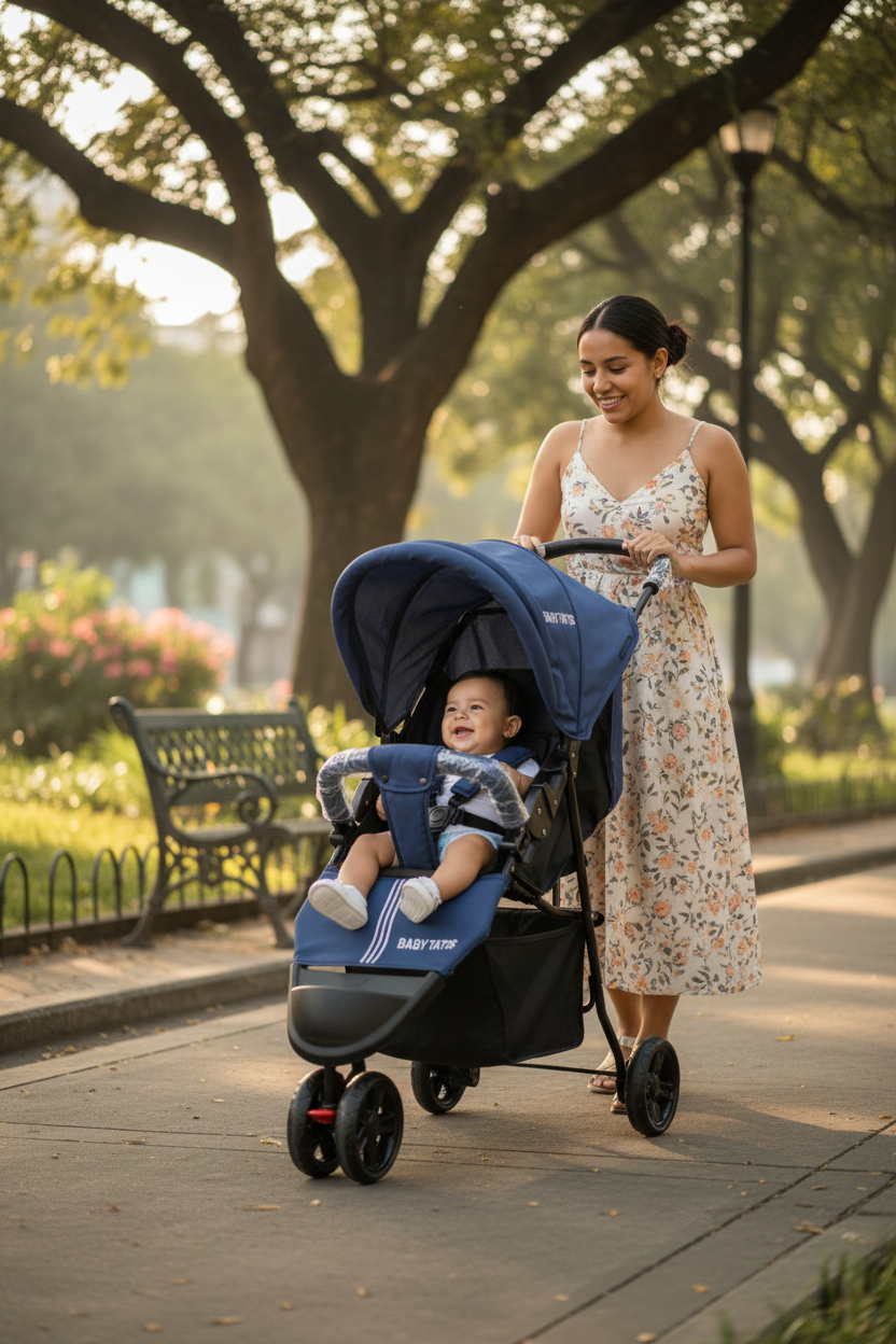 Mamá y bebé paseando en el parque con el coche Baby Tatis