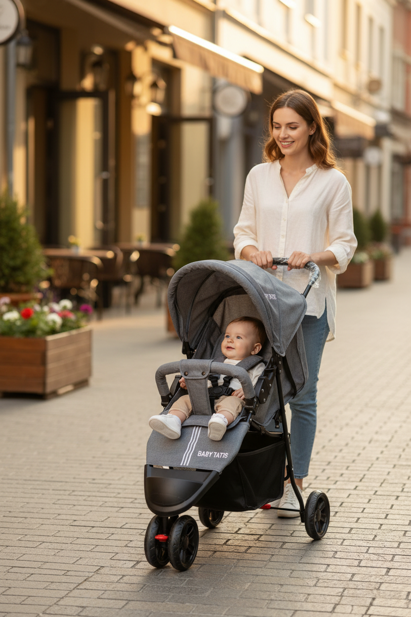 Mamá y bebé saliendo de una cafetería con el coche Baby Tatis