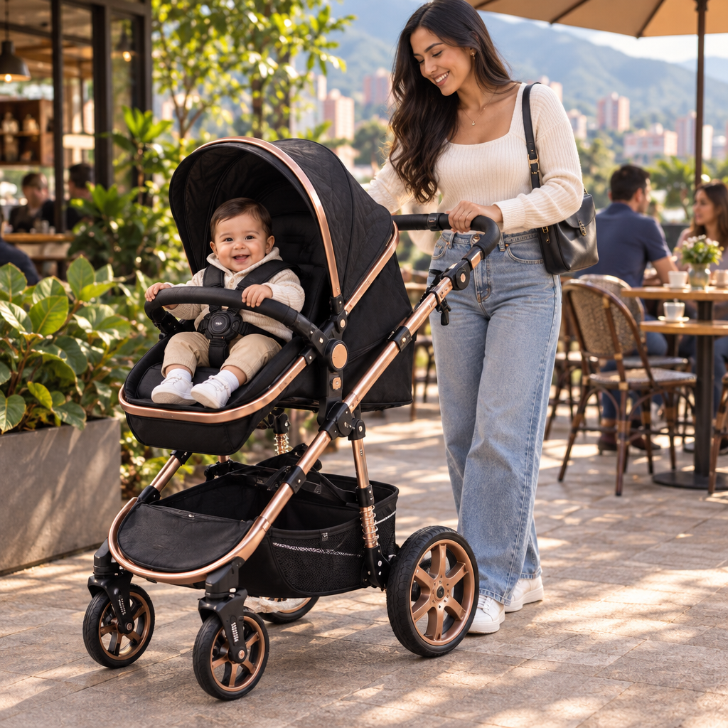 Mamá y bebé usando el coche durante una salida