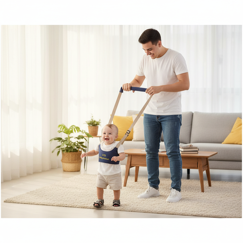 Papá guiando bebé primeros pasos arnés azul