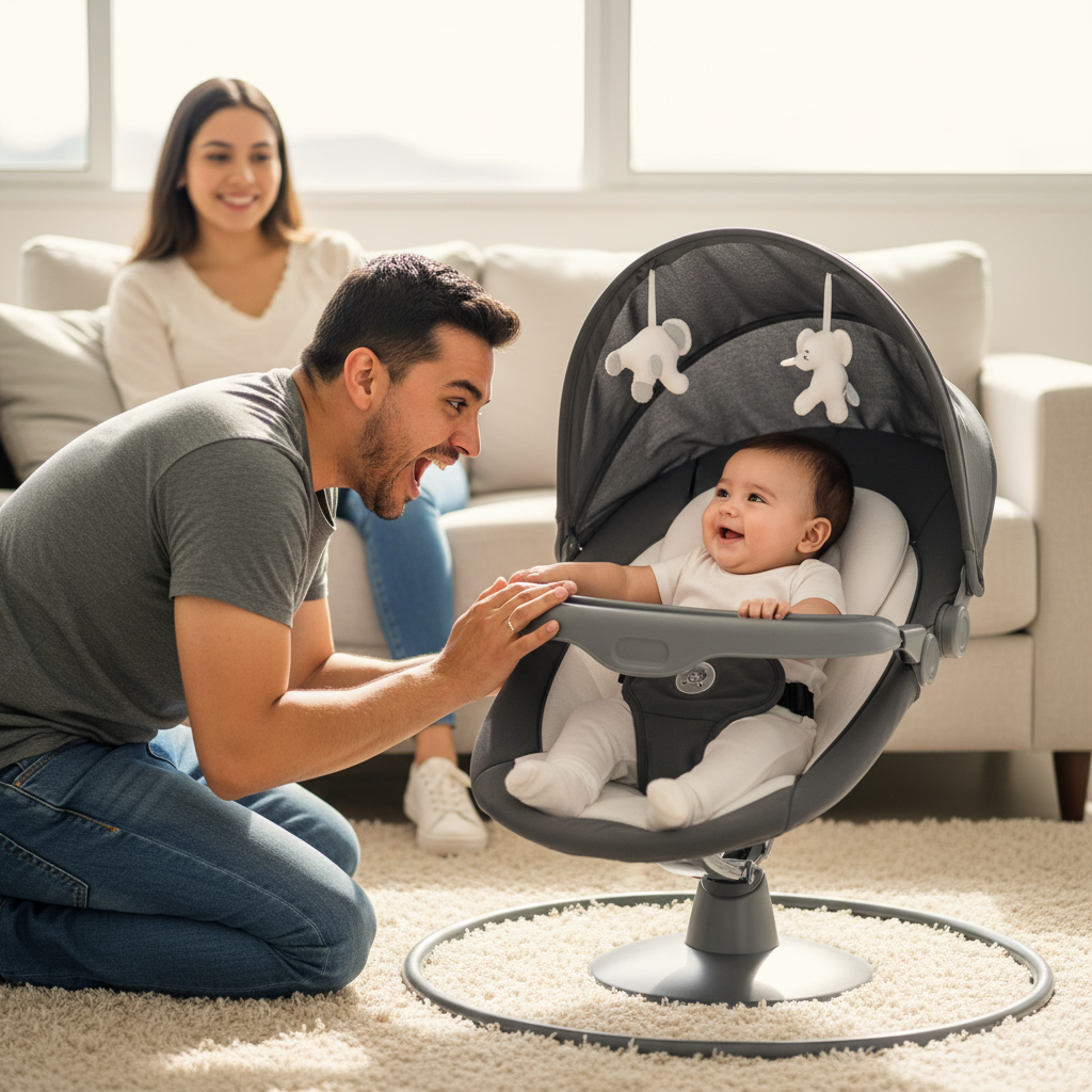 Papá jugando con bebé en mecedora, mamá al fondo