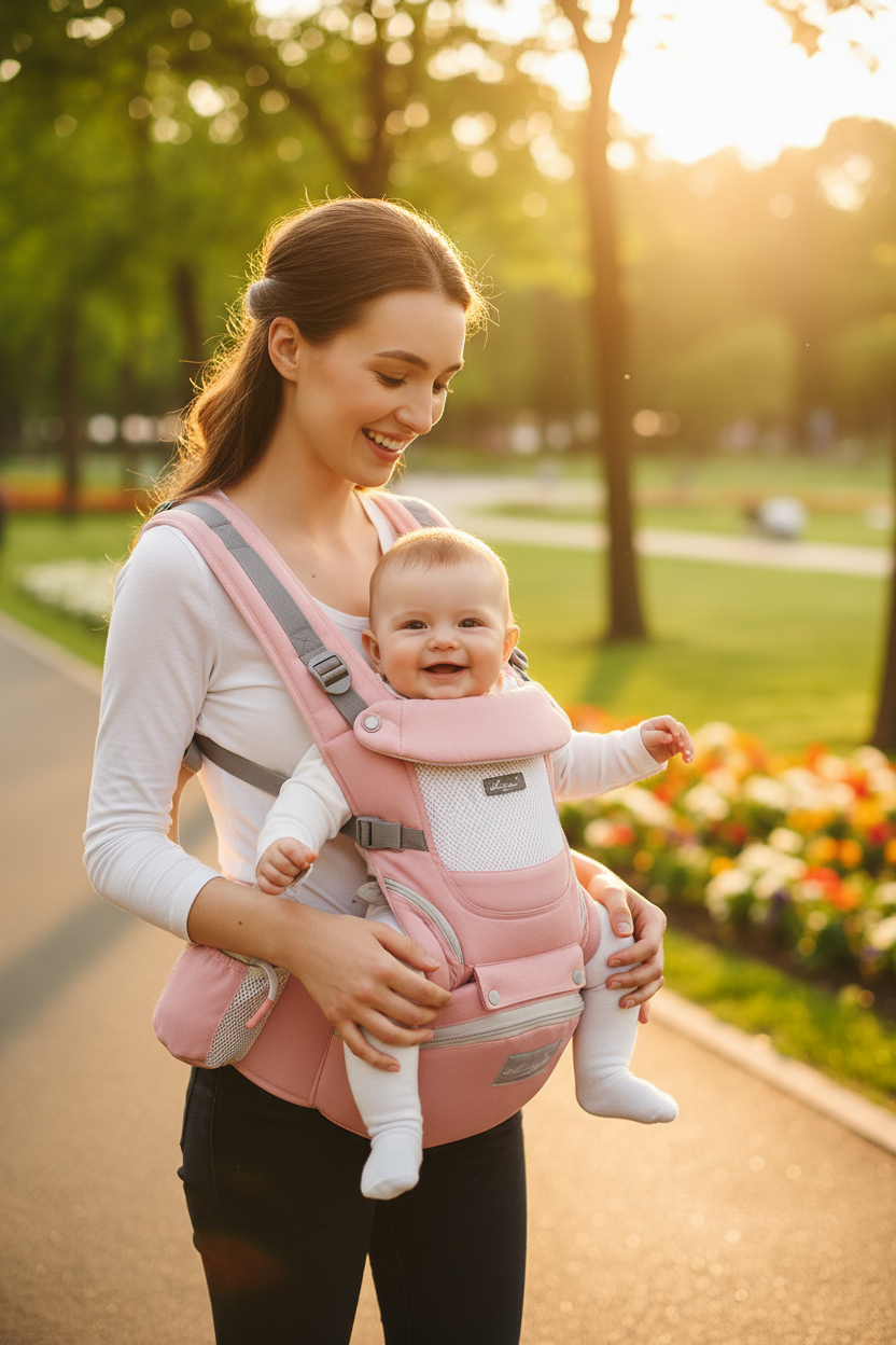 Paseo en parque con portabebé rosa